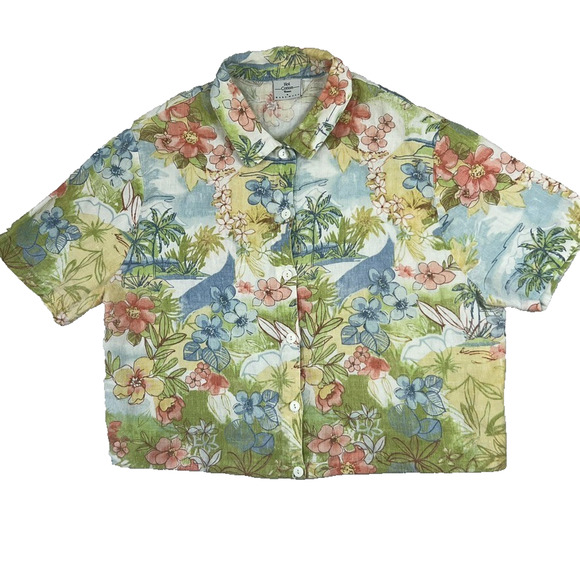 Hot Cotton Tops - Hot Cotton Blouse Shirt Women L - XL Button Up Floral Linen Blend Crop Hawaiian